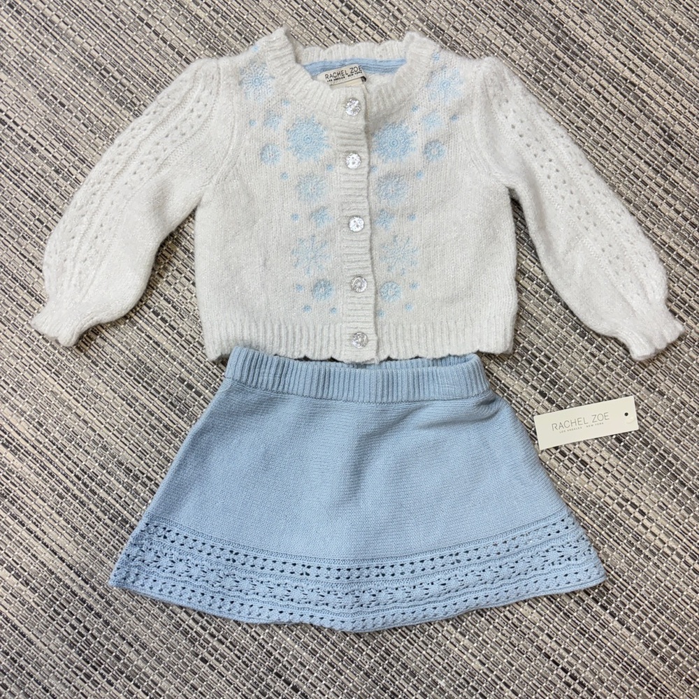 NWT Rachel Zoe white & blue snowflake sweater & matching knit skirt, 12 mo